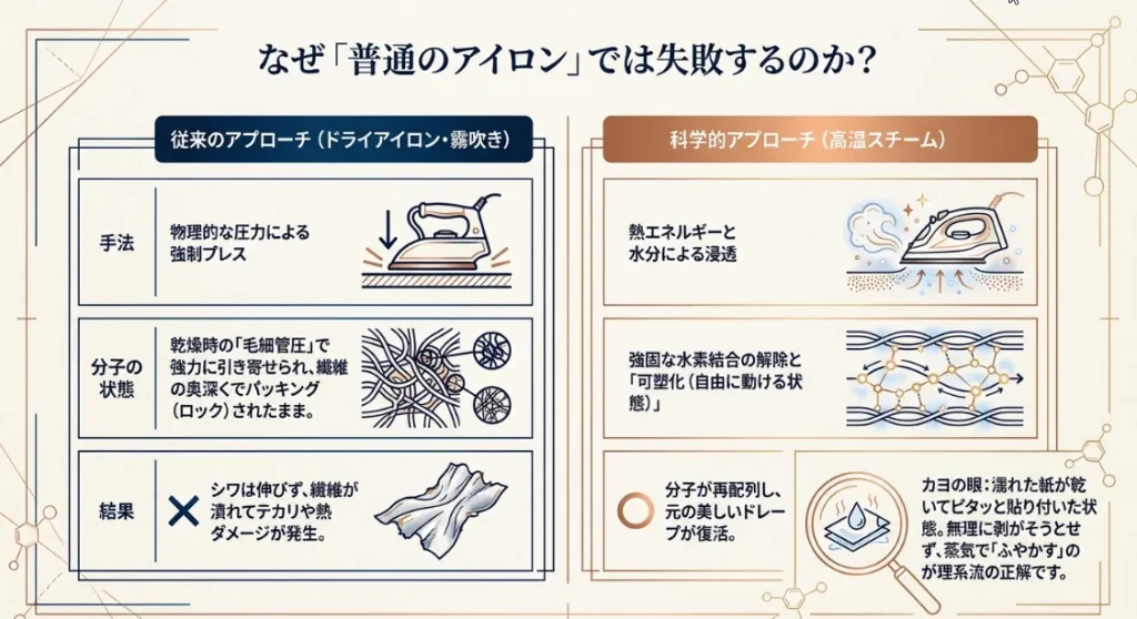 縮みを戻した後の「スチーム」が成功の分かれ道