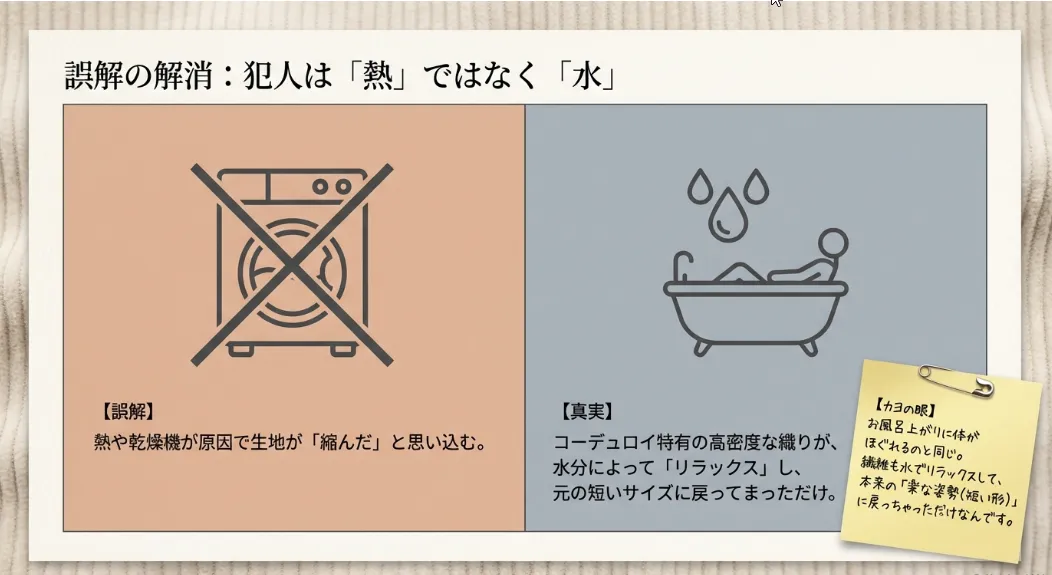 縮んだ理由は熱じゃない！水で繊維が「一休み」した結果です