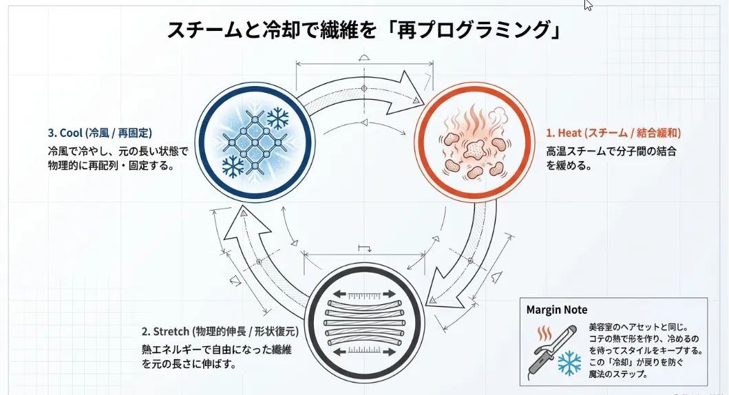 縮んだ生地は「スチームと冷却」の合わせ技で魔法のように復活