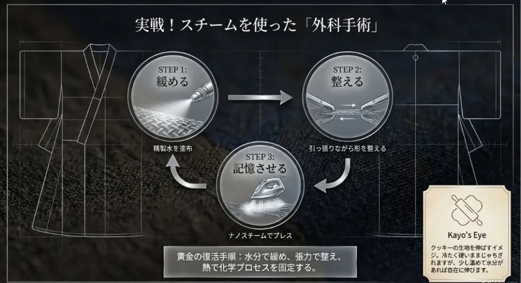 縮んでガチガチの繊維をほぐす！スチームを使った魔法の復元工程