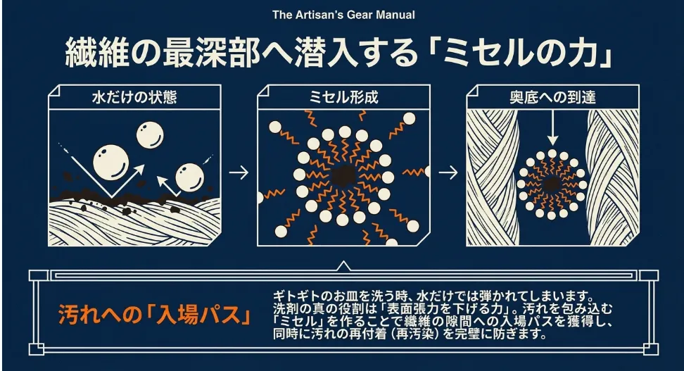 繊維の奥の泥汚れを「表面張力」の魔法で浮かせて抜く方法