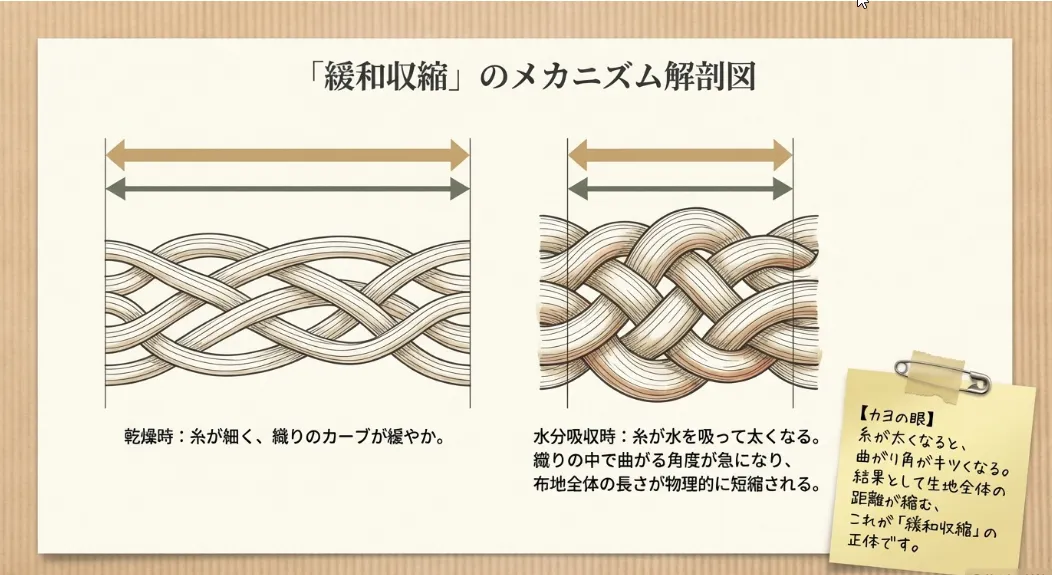 織られた時の緊張が解ける「緩和収縮」が縮みの正体