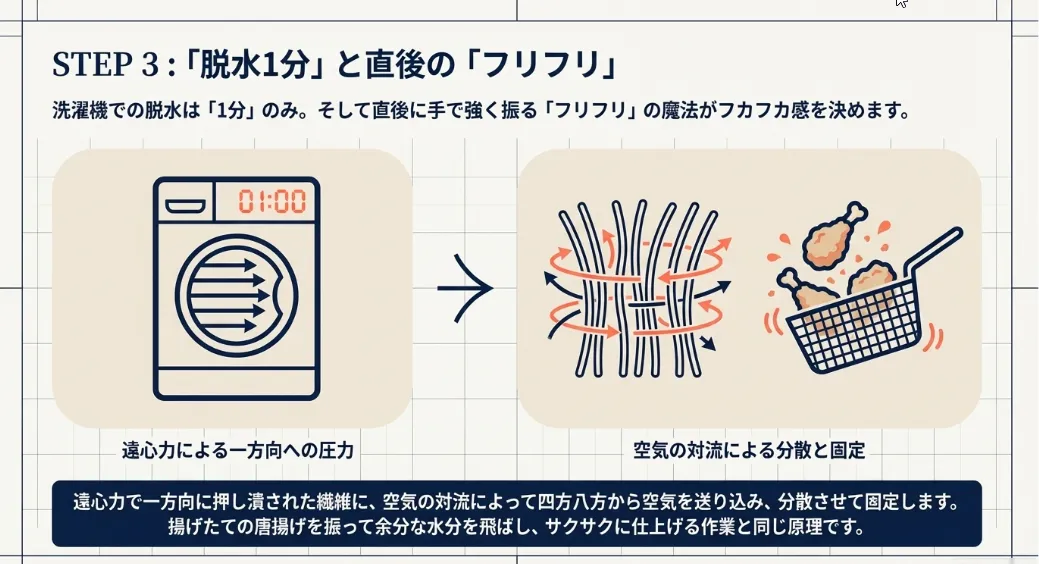 脱水は1分以内！「フリフリ作業」で毛先に空気を送り込む