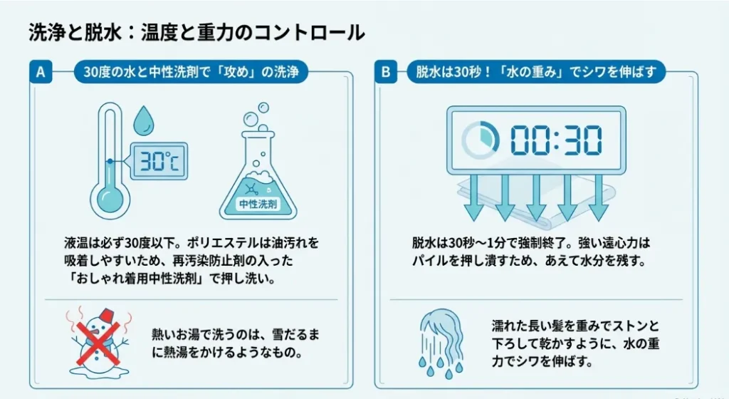 脱水は30秒！水の重みでシワを伸ばして「毛倒れ」を防ぐ
