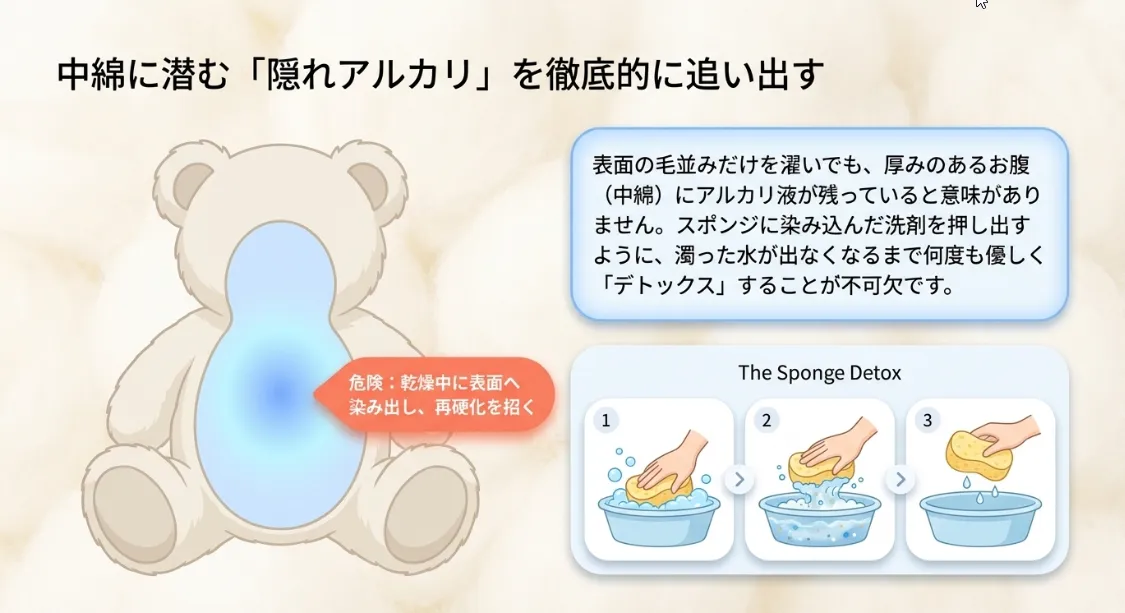 表面だけじゃない！中綿のアルカリを押し出す徹底すすぎ術