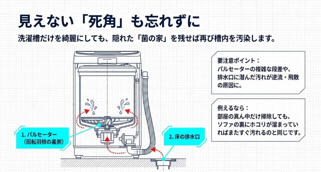 見えない死角に潜む罠！パルセーターと排水口のヌメリを断つ