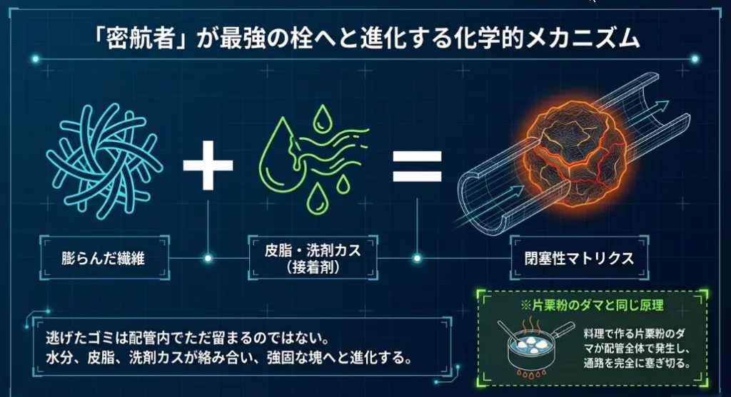 配管に逃げ出した糸くずは「カチカチの栓」になって故障を招く