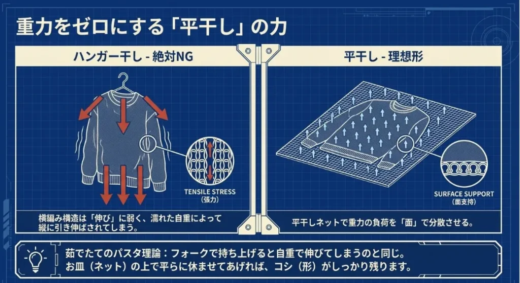 重力に勝つ平干しネットで「縦伸び」をゼロに抑え込む