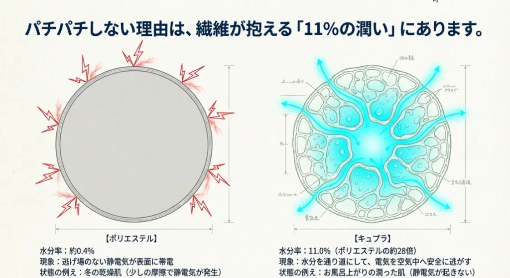 静電気ゼロの秘密は「11％の潤い」！キュプラが快適な理由