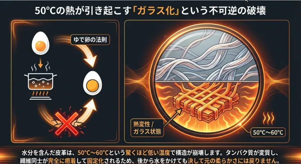 革がバキバキに固まるのは「ゆで卵」と同じタンパク質の変質