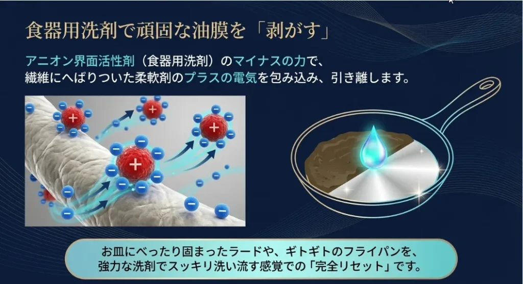 食器用洗剤のマイナスの力で油膜を浮かせる方法